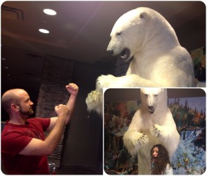 Posing with the polar bear in the hotel lobby before dinner