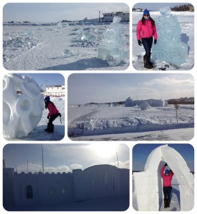 Laura on the frozen lake in Yellowknife with snow castle & ice sculptures